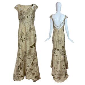 BADGLEY MISCHKA Vintage Floral Khaki Unique Evening Gown
